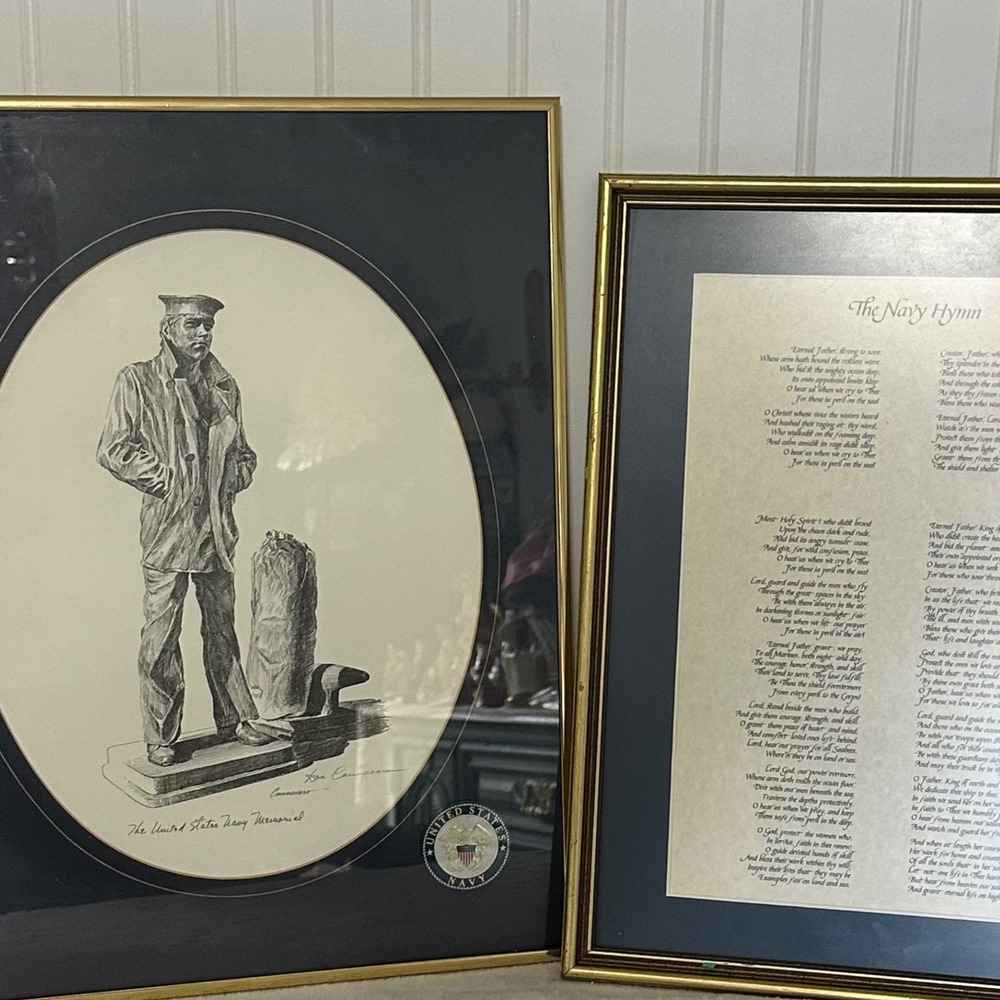 Don Cannavaro US Navy Memorial Print &‎ Navy Hymn Framed Set Gold Blue Excellent